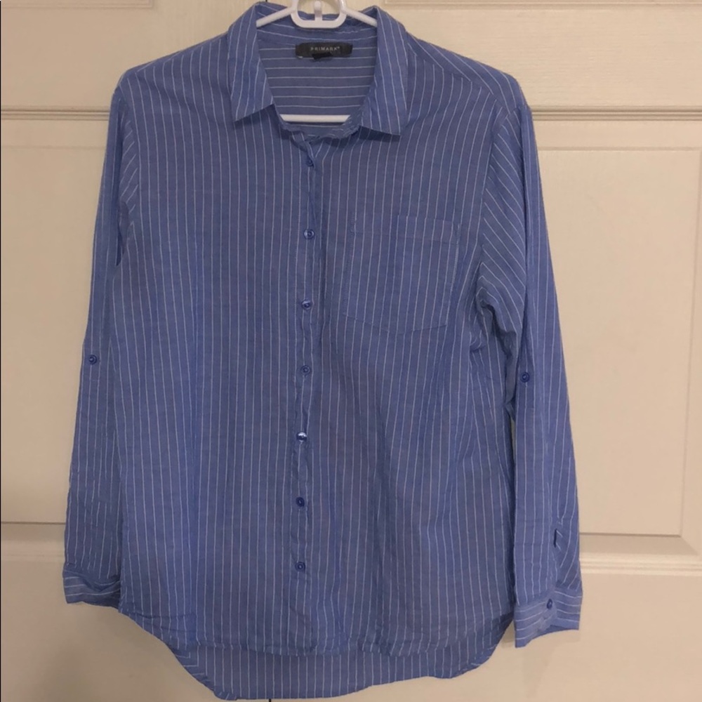 Blue button down with thin white stripes